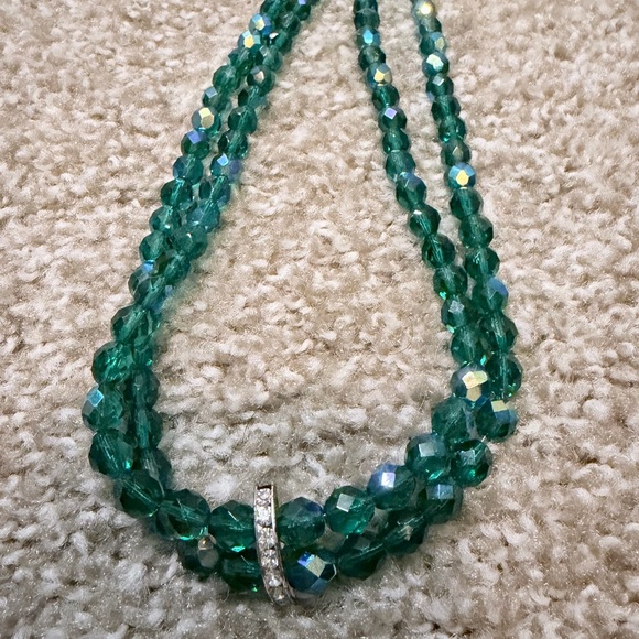Vintage Aurora Borealis Emerald Green Crystal Bead Necklace and Bracelet Set - Picture 2 of 3
